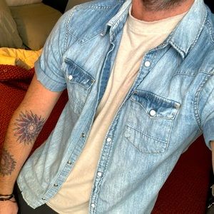 All Saints denim short sleeve snap shirt
